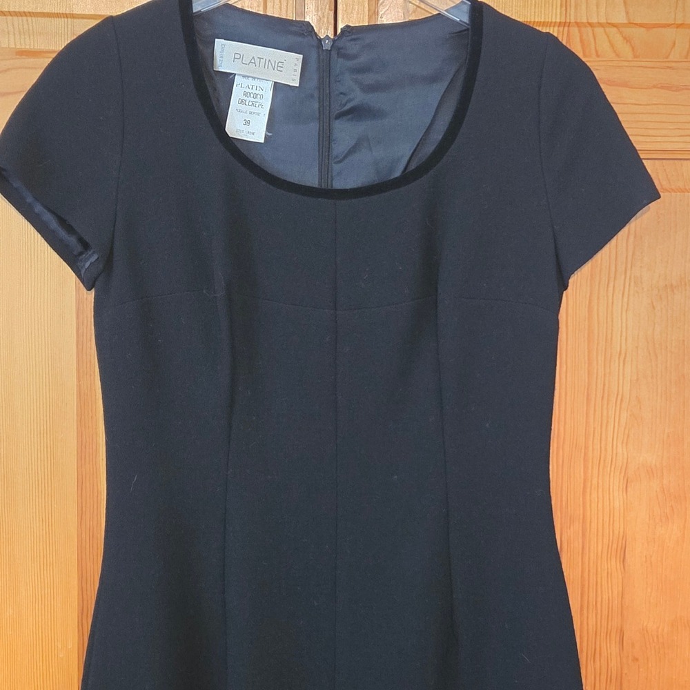Platine Paris Wool Black Dress EU 38 Made in France Velvet‎ Trim Classic Sheath